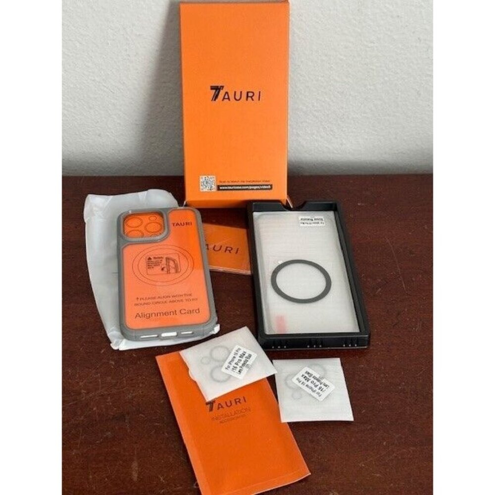 iPhone 15 Pro Max Case TAURI Gray Clear Tempered Glass Protector Camera Cover